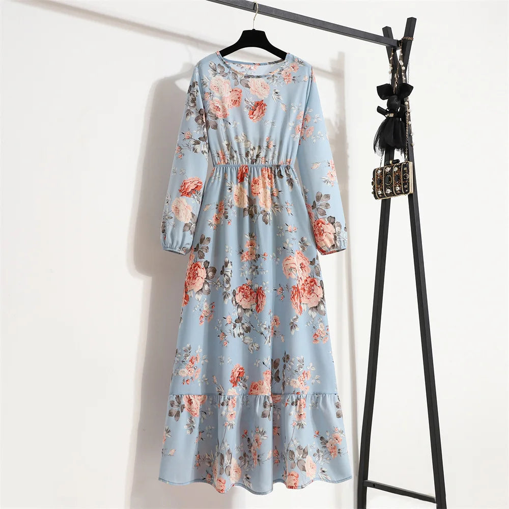 Women Eid Muslim Dresses Dubai Kaftan Tight Waist O Neck Morocco Arab Ruffles Spliced Vestidos Flowers Dress Casual Slim Fit