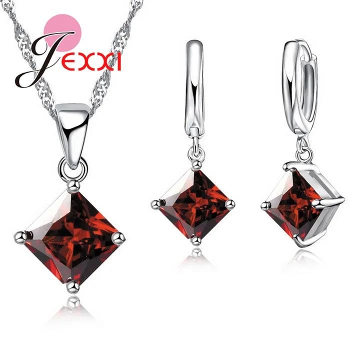 Women Accessories Pendant Necklace Earrings  Jewelry Set Girl Square Shinny CZ Crystal  Pendant 925 Sterling Silver