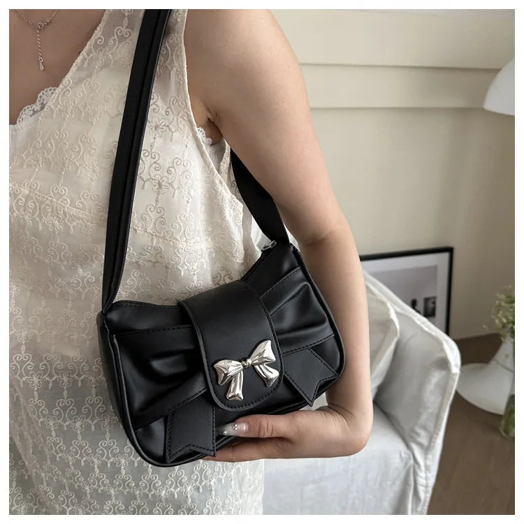 Sweet Bow Small Underarm Bag for Women Fashion PU Leather Ladies Portable Shoulder Bags Solid Color Female Clutch Handbags