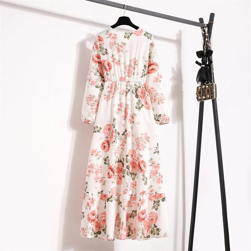 Women Eid Muslim Dresses Dubai Kaftan Tight Waist O Neck Morocco Arab Ruffles Spliced Vestidos Flowers Dress Casual Slim Fit
