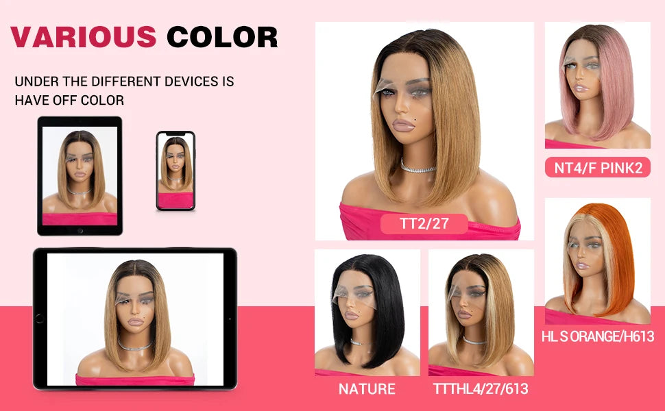 Colored Ombre Pink Bob T Part Lace Wigs Straight Human Hair Lace Front Wigs Pre Plucked Blonde Straight Lace Front Wigs