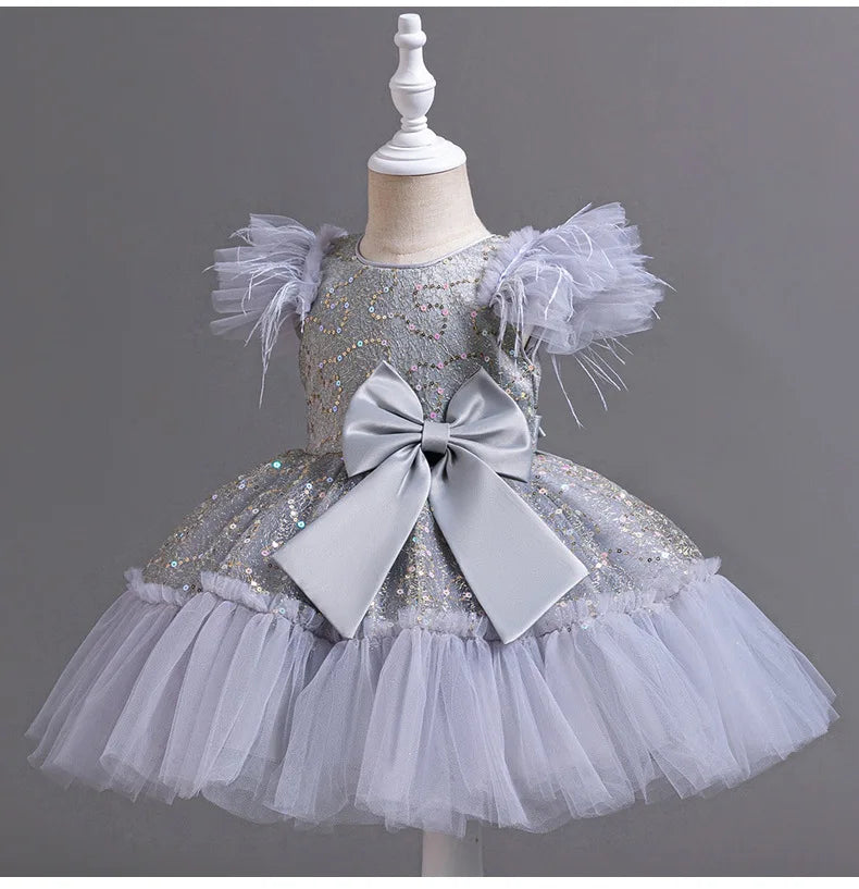 Summer New Girl's Sequin Flying Sleeves Big Bow Mesh Spliced Dress Birthday Party Wedding Flower Girl Princess Dress