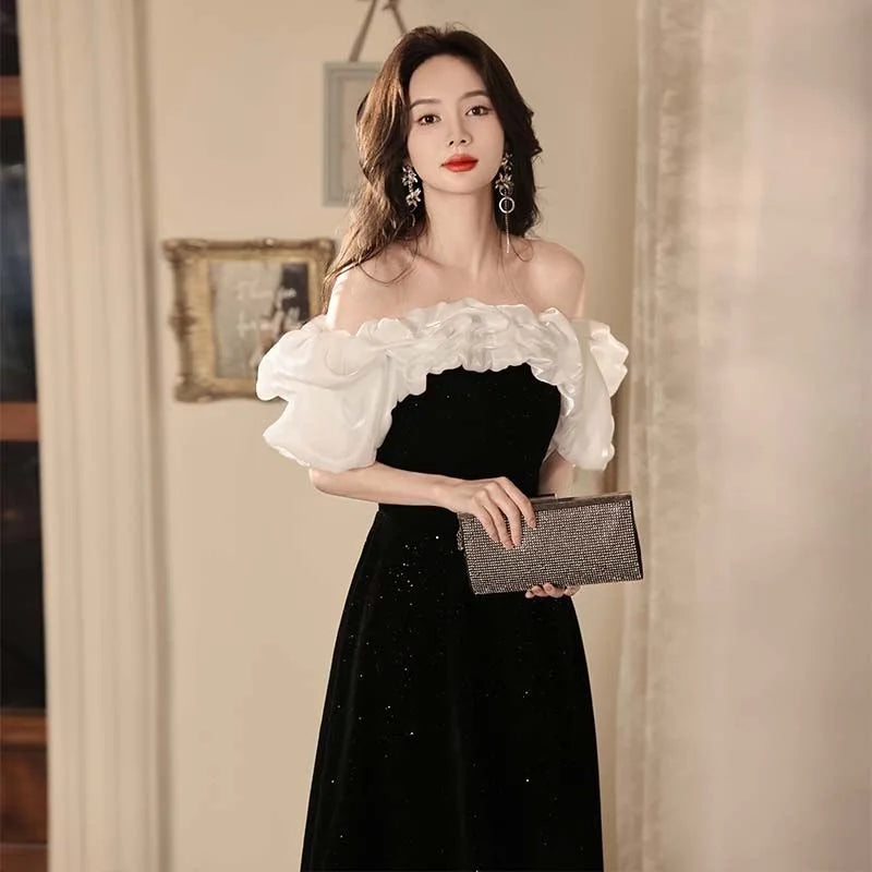 Black evening dress for women 2025 new banquet performance dress engagement high-end velvet sparkling