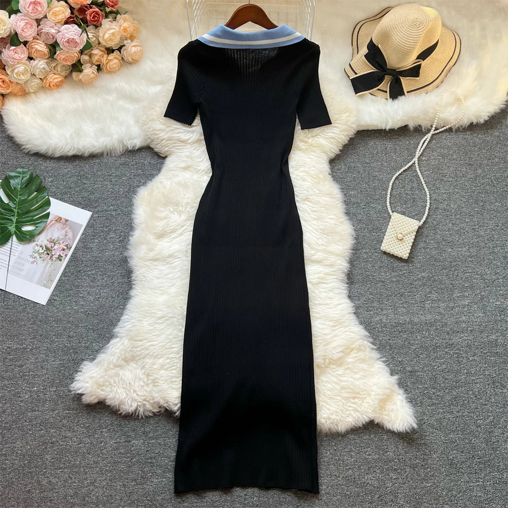 YuooMuoo Chic Fashion Sexy Package Hips Knitted Long Dress Women Brand Fashion Turn-down Collar Embroidery Bodycon Shirt Dress