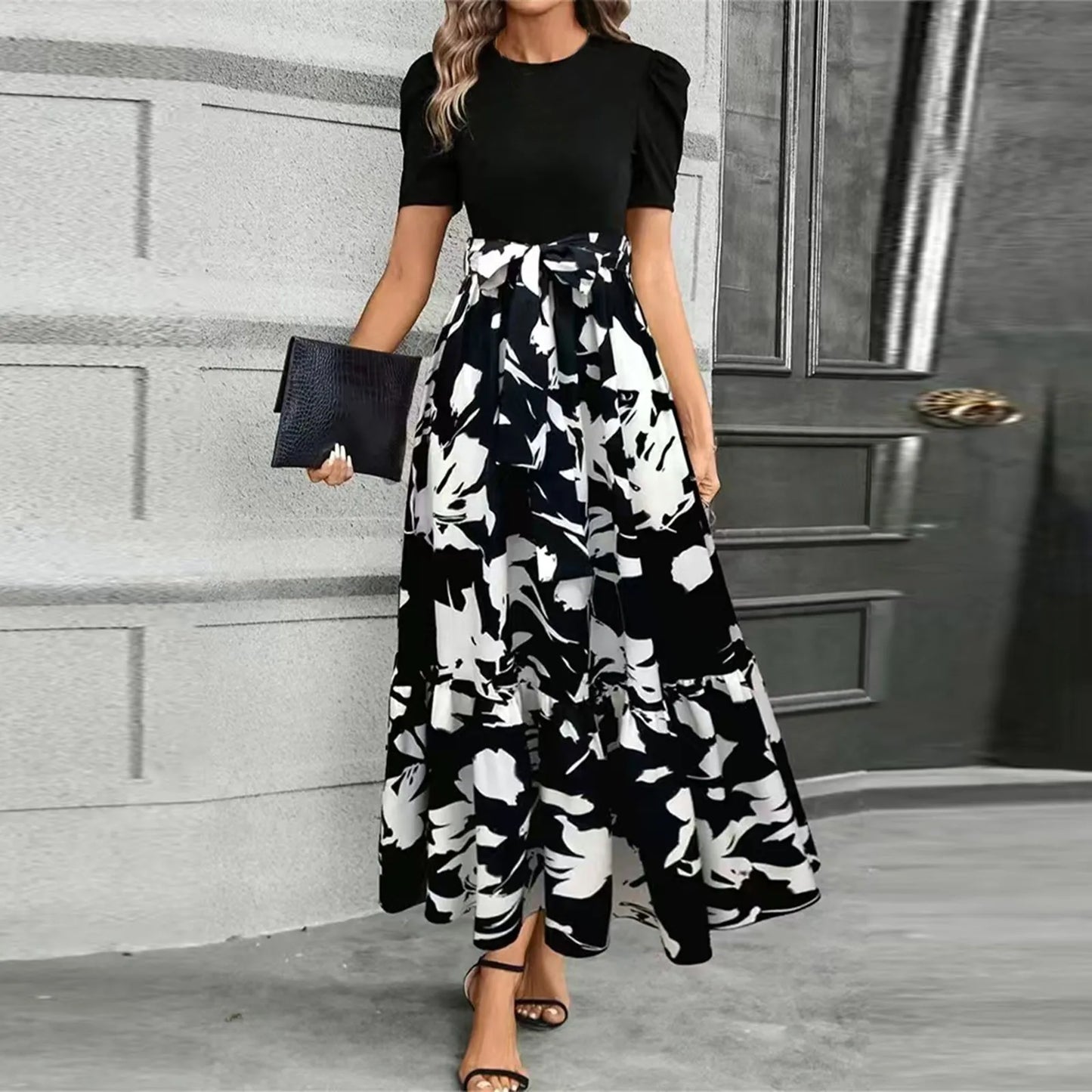 Dresses Elegant Office Lady Outfits A-line Lace-up Slim Fit Waist Ruffle Hem Skirt Women Dress Summer vestidos de mujer casuales