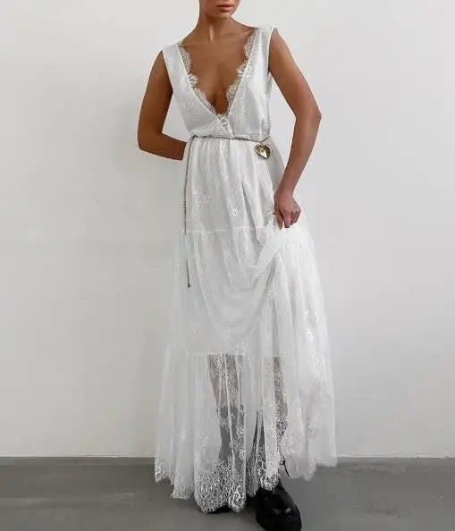 Female Dresses 2025 Sexy Black Brocade Lace Temperament Dress Versatile and Sexy V-Neck Wide Truffle Back Women's Long Dress