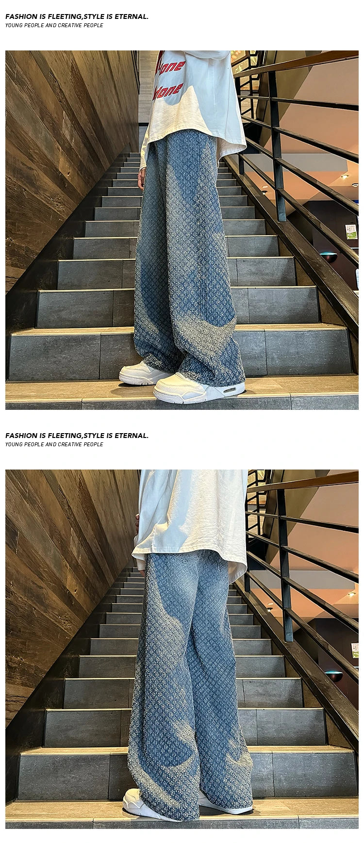 Jeans men Fashion hombre Jacquard Pattern Denim Pants Male Straight Fitting Baggy Bottoms Distressed Wide Jeans For Men