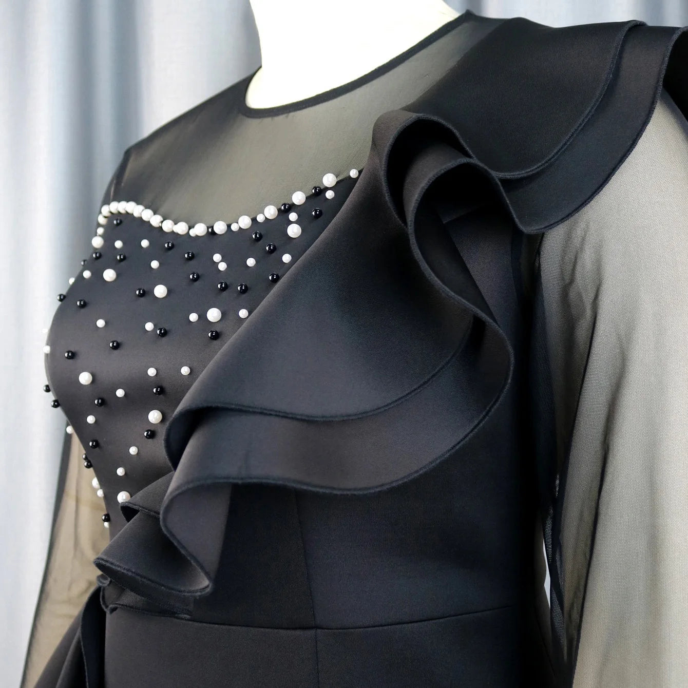 Elegant Dresses Woman 2024 Luxury O Neck Transparent Beaded Ruffles Full Sleeve Sheath Package Hips Mid Calf Birthday Party Robe