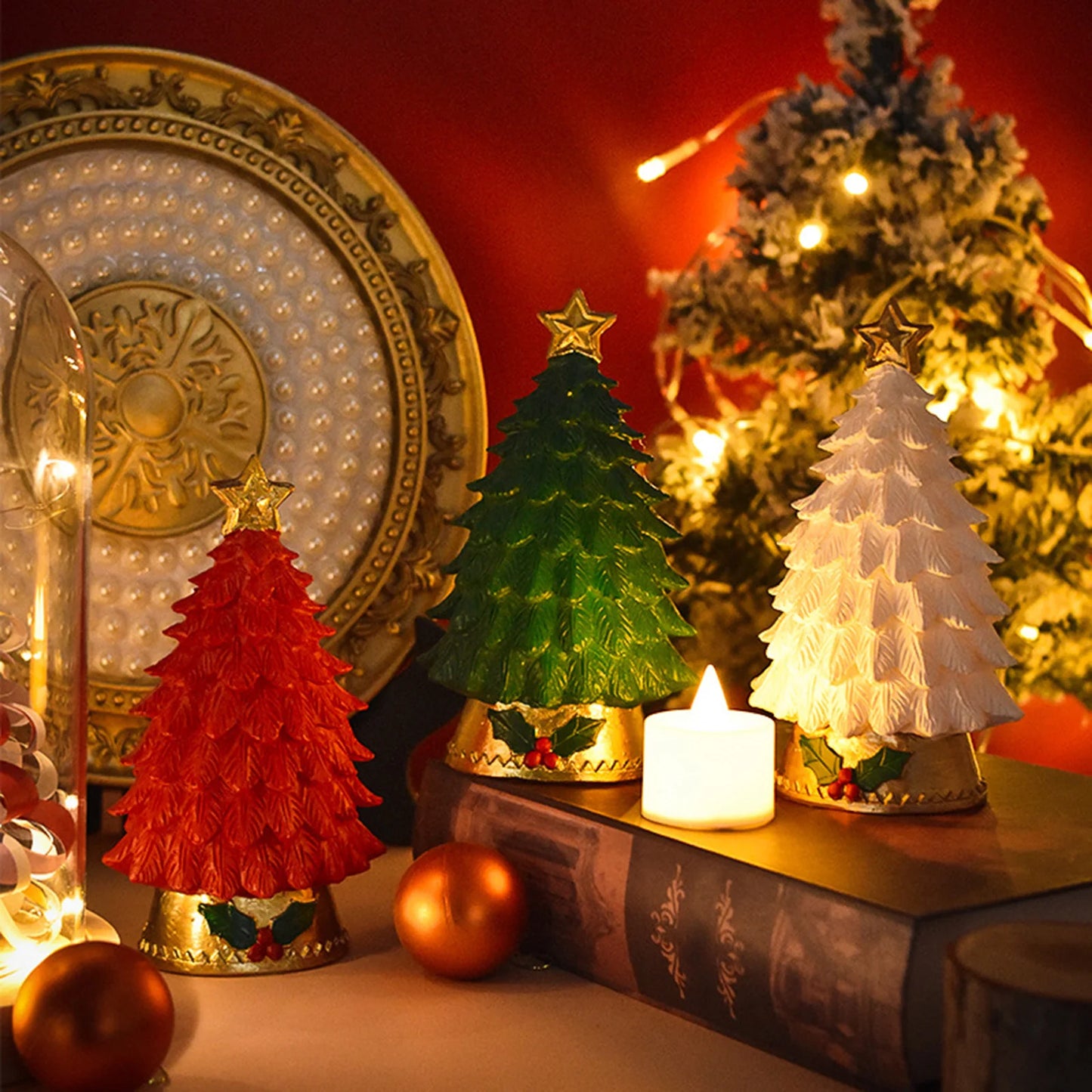 Christmas Tree Led Lights Home Decoration Resin Desktop Ornaments Christmas Atmosphere Festive Party Supplies Small Gift Navidad