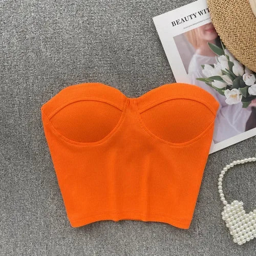 Strapless Western Style Skinny Tanks Camis for Women Summer Casual Solid Colours Female Corset Crop Tube Tops with Built In Bras