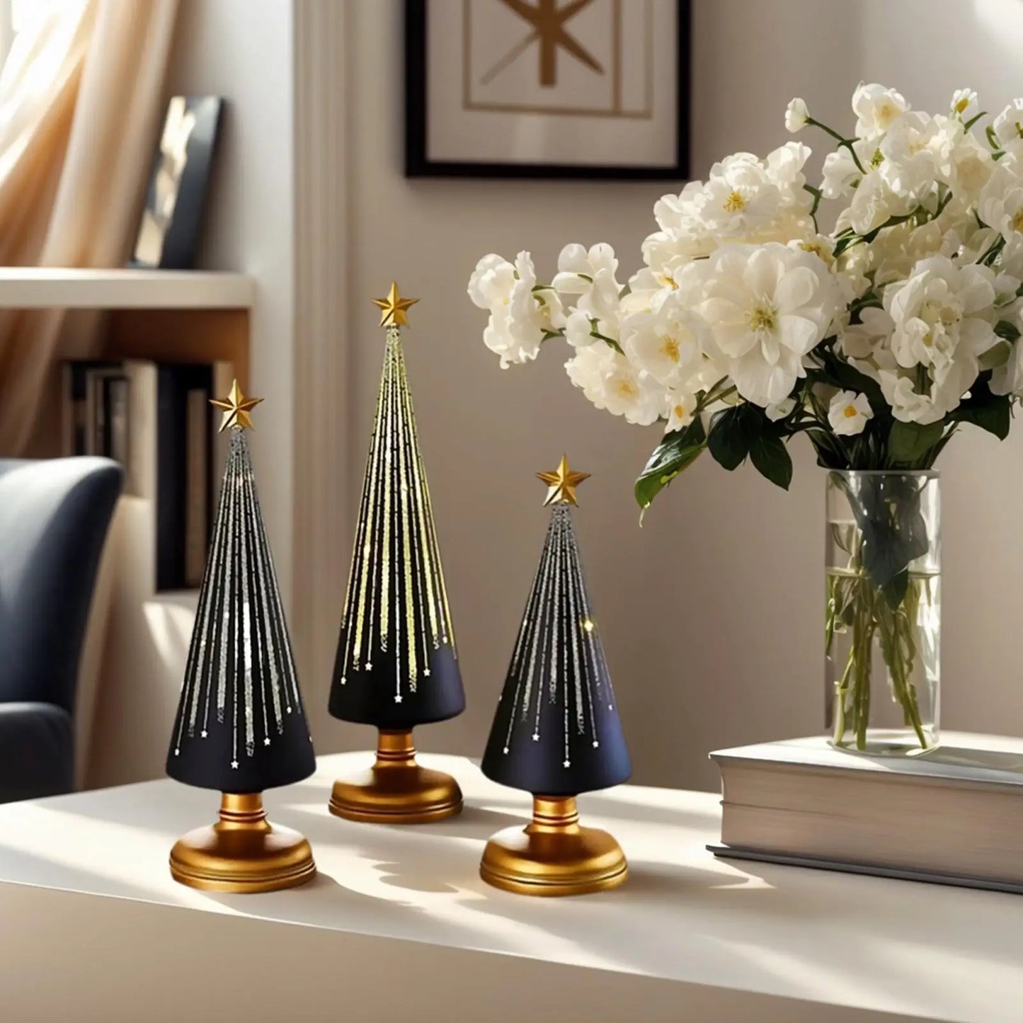Christmas Tree Statue 3 Pieces Christmas Sculpture Resin Star Tree Figurine For Home Room Winter Party Decorations Table
