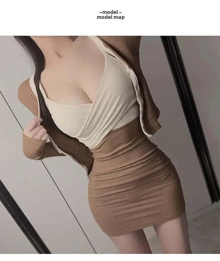 Korean Dongdaemun Slim Fit Sexy Pure Desire Wrap Body Strap Dress Long Sleeve Cardigan Two Piece Set Women's Fashion Outfit