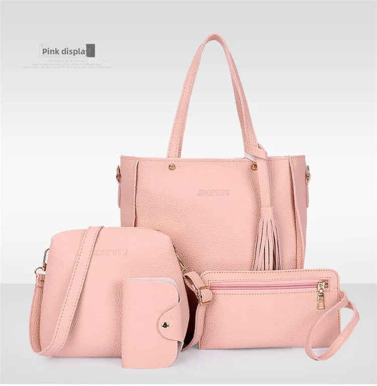 4pcs/set Tassel Bucket Women's Handbag Stylish Crossbody Bag Clutch and Wallet, Solid Color PU Shoulder Bags for Women Daily Use