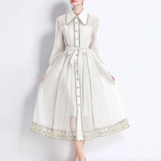Dresses for Women Fashion Long Sleeve Turn Down Collar Women Dress White Sashes A-LINE Dress Women Vestidos De Verano Mujer Q337