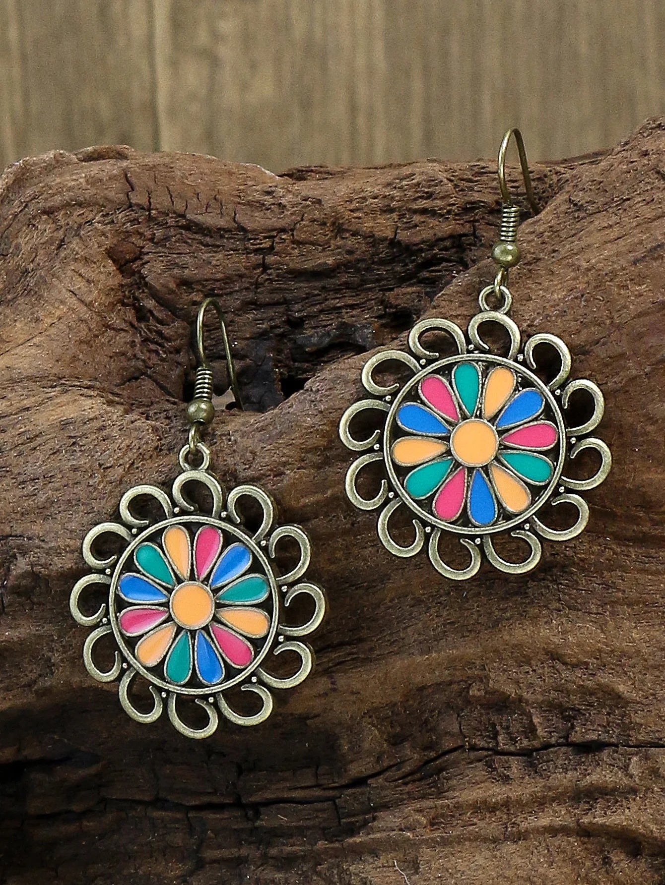 Vintage Accessories Sweater Chain Rice Beads Geometric Pattern Round Wood Piece Long Necklace Earrings Set Necklace