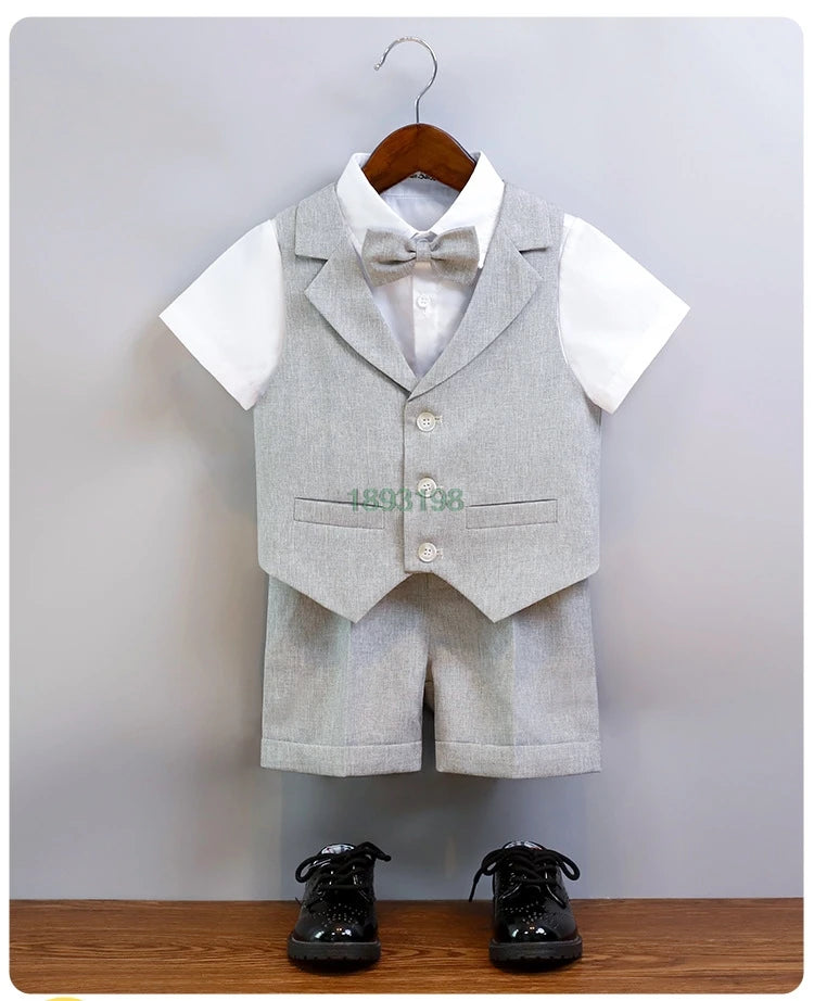 Children's Summer Blue Vest Dress Suit Boy Birthday Party Performance Photography Costume Kids Waistcoat Shorts Bowtie Outfit