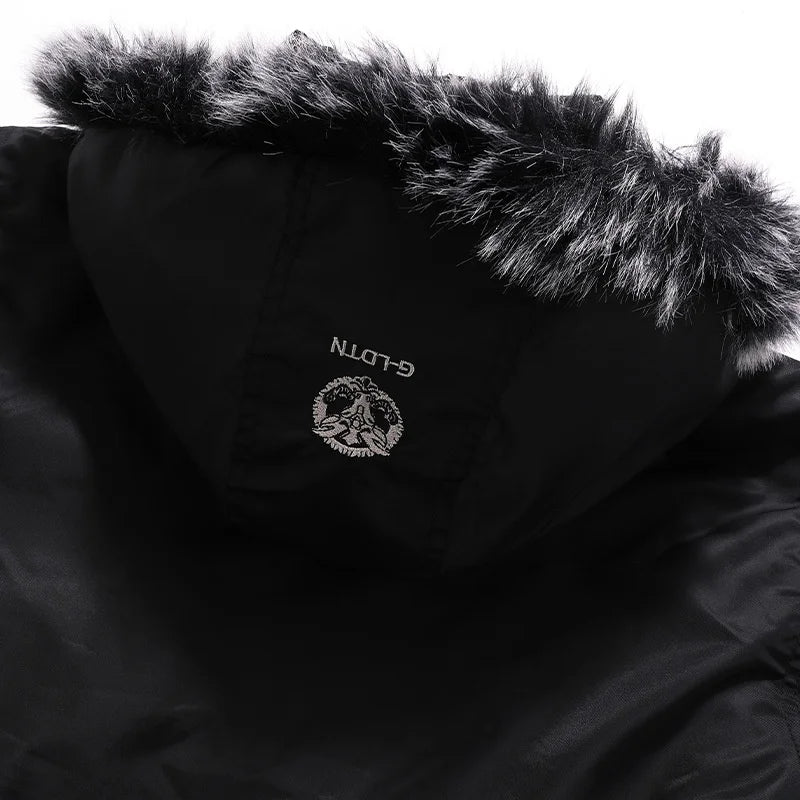 Men's Winter Warm, Hooded Jacket with Raw Edge, Lined Aviator Jacket, Embroidered Badge Design, Windproof and Waterproof Jacket