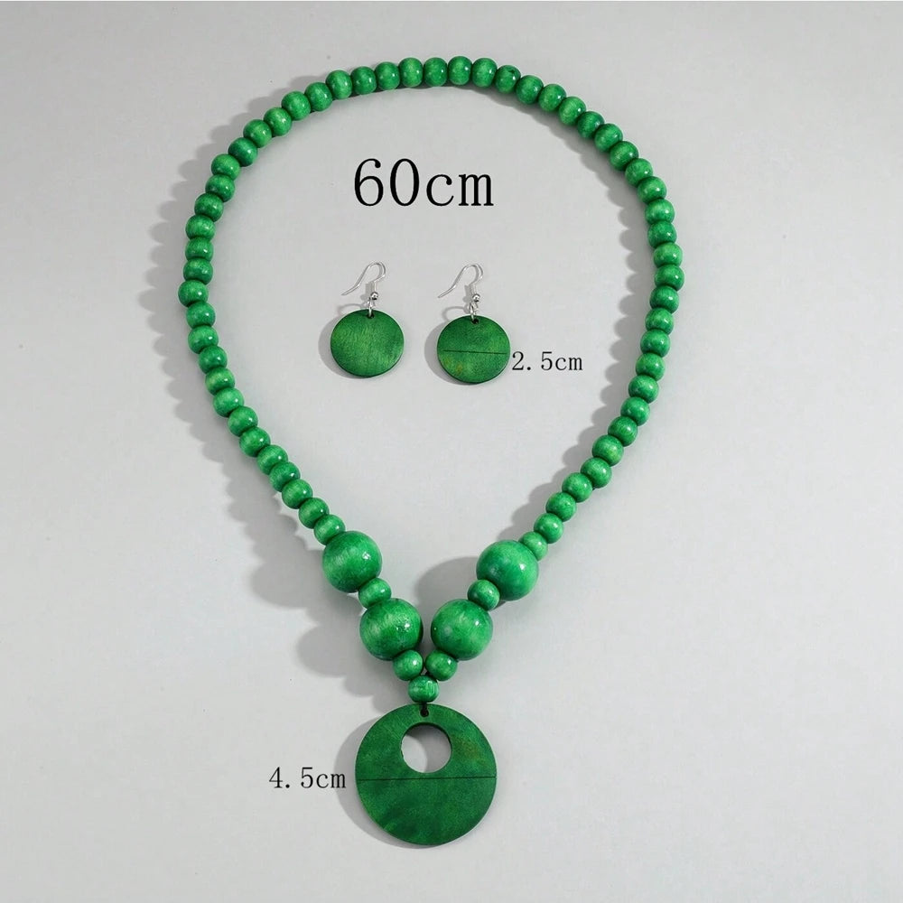 New Fashion Jewelry Set Bohemian Geometric Round  Wooden Bead Pendant Necklace And Earrings For Women Vacation Accessories