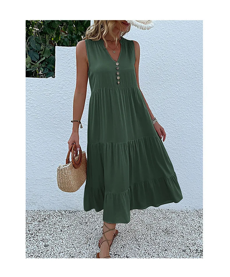 Dresses for Women 2025 Summer V-neck Single-breasted Vest Dress Sleeveless Loose Casual Solid Color Dress Vestidos De Mujer