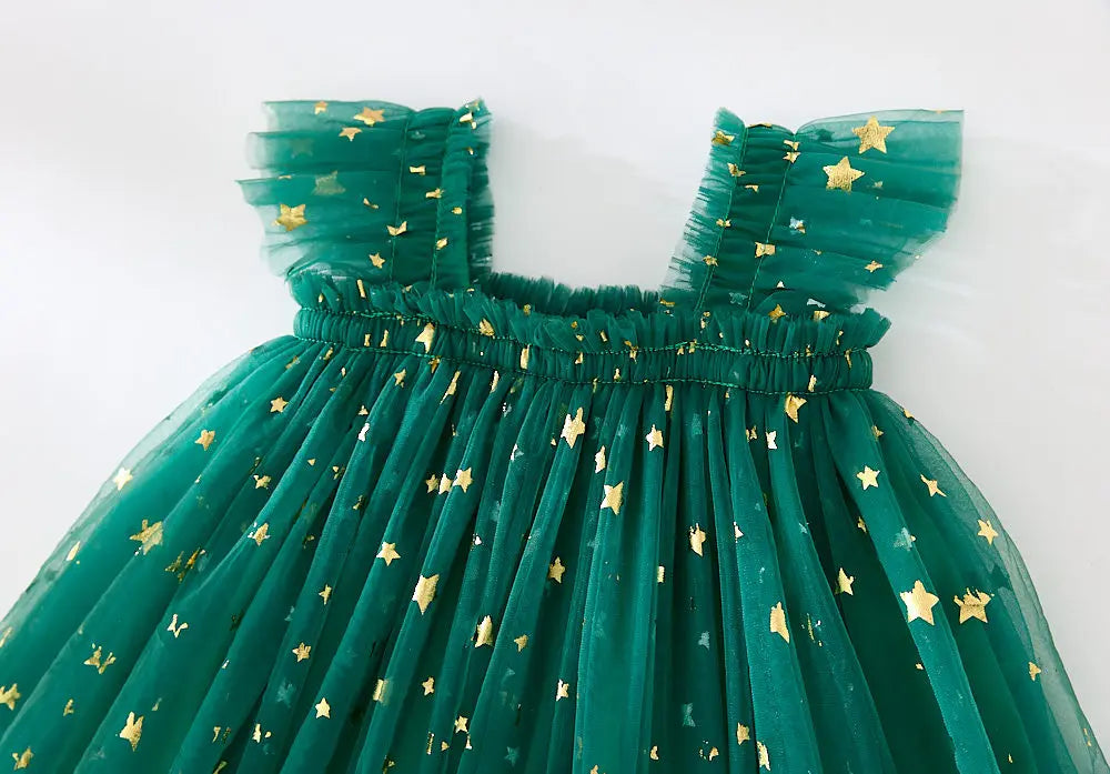 Christmas 2025 Girls Cute Fly Sleeve Star Printed Mesh Puffy Dress Halloween Children Party Photograph Princess Dress 1-6T