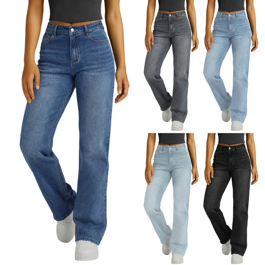 Jeans Women Straight Long Pants Casual Floor Length Mom Pant Blue High Waist Elegant Zipper Fly Pockets Slim Y2k Denim Trousers