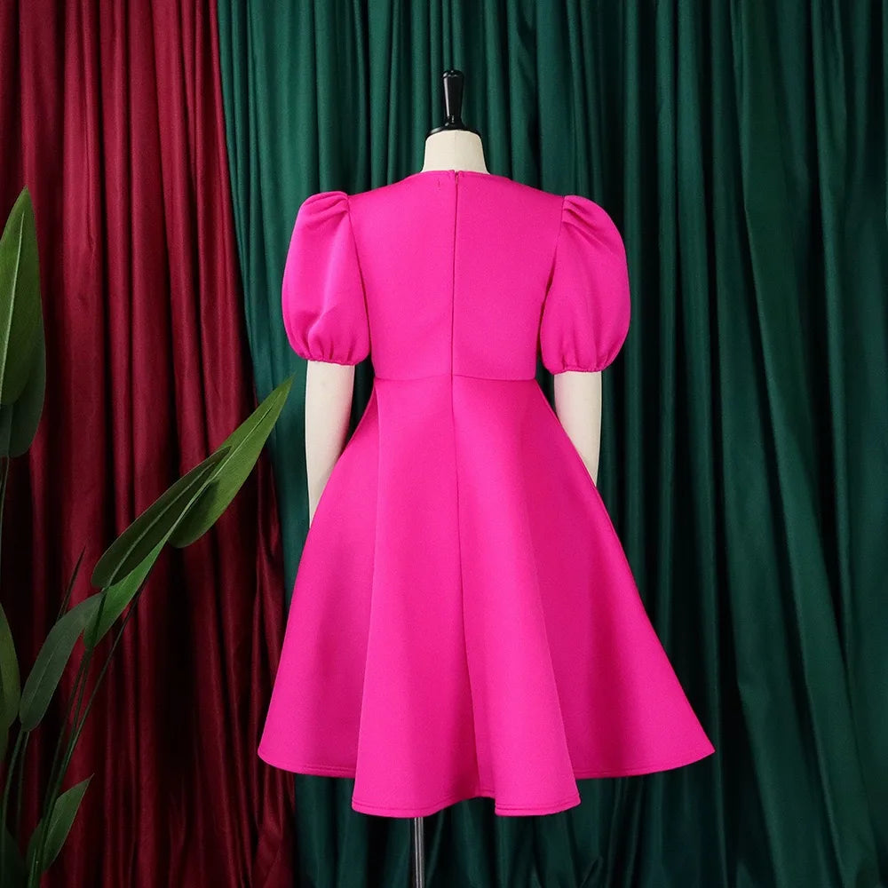 Elegant Party Dresses for Women O Neck Short Sleeve High Waisted Pleated Knee Length Fashion Ladies Birthday Dinner Vestidos Hot