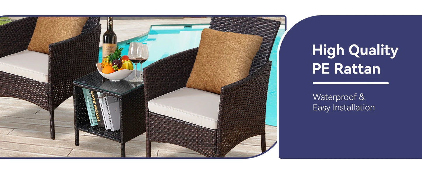 NAGA BAHNA 3-Piece Bistro Set Outdoor Patio Furniture Rattan Chairs Table Soft Cmats Tempered Glass Durable Comfortable Garden