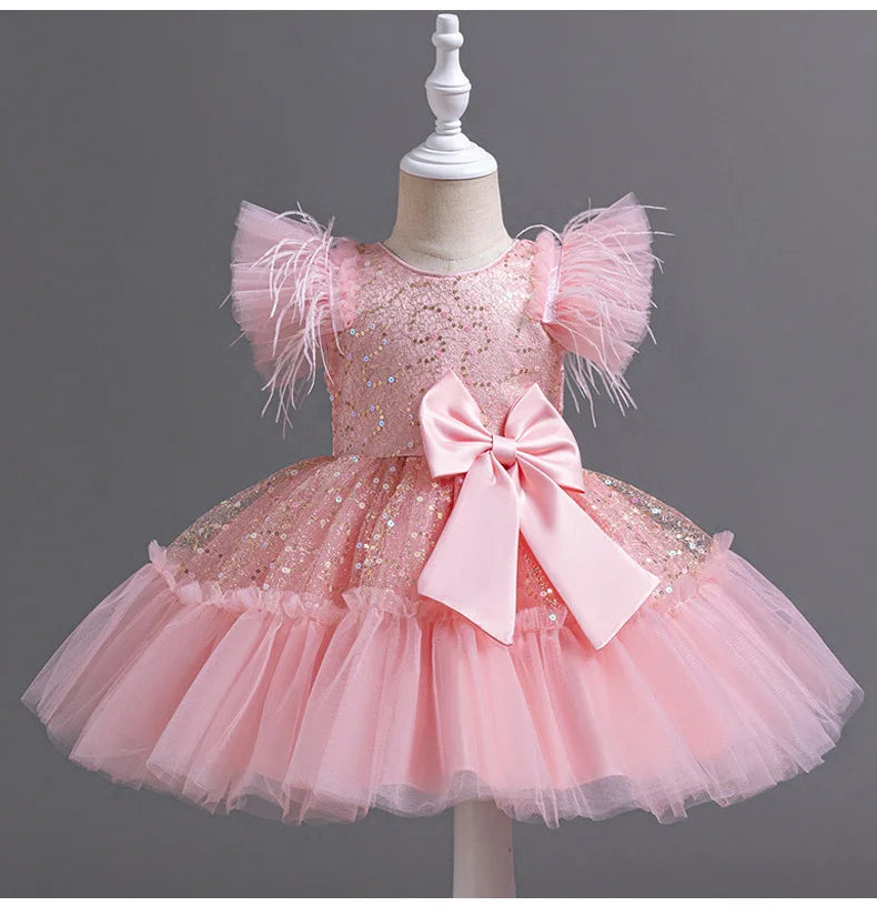 Summer New Girl's Sequin Flying Sleeves Big Bow Mesh Spliced Dress Birthday Party Wedding Flower Girl Princess Dress