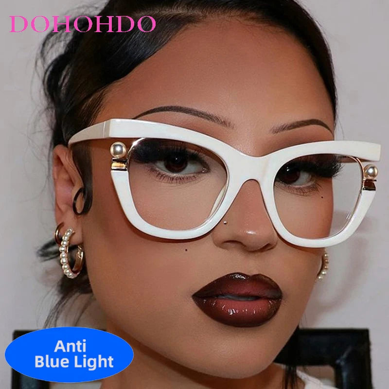 Vintage Brand Designer Pearl Cat Eye Optical Glasses Men Women Trendy Luxury Computer Anti-Blue Light Protection Spectacle Очки
