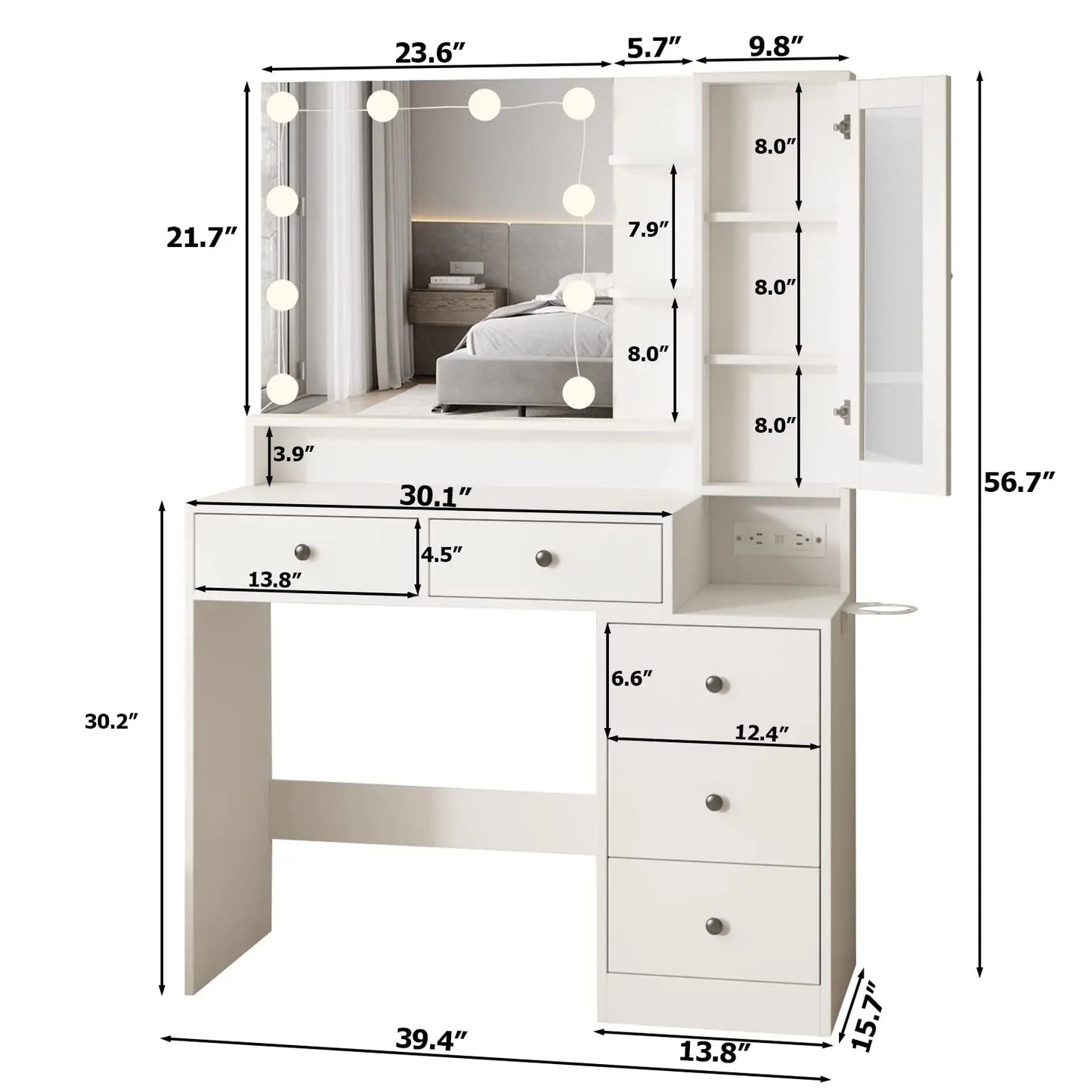 Vabches Vanity Desk with Mirror Lights Makeup Vanity Table with Power Strip&Visible Storage Cabinet Wood 5 Drawer Dressing Table
