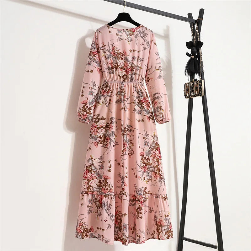 Women Eid Muslim Dresses Dubai Kaftan Tight Waist O Neck Morocco Arab Ruffles Spliced Vestidos Flowers Dress Casual Slim Fit