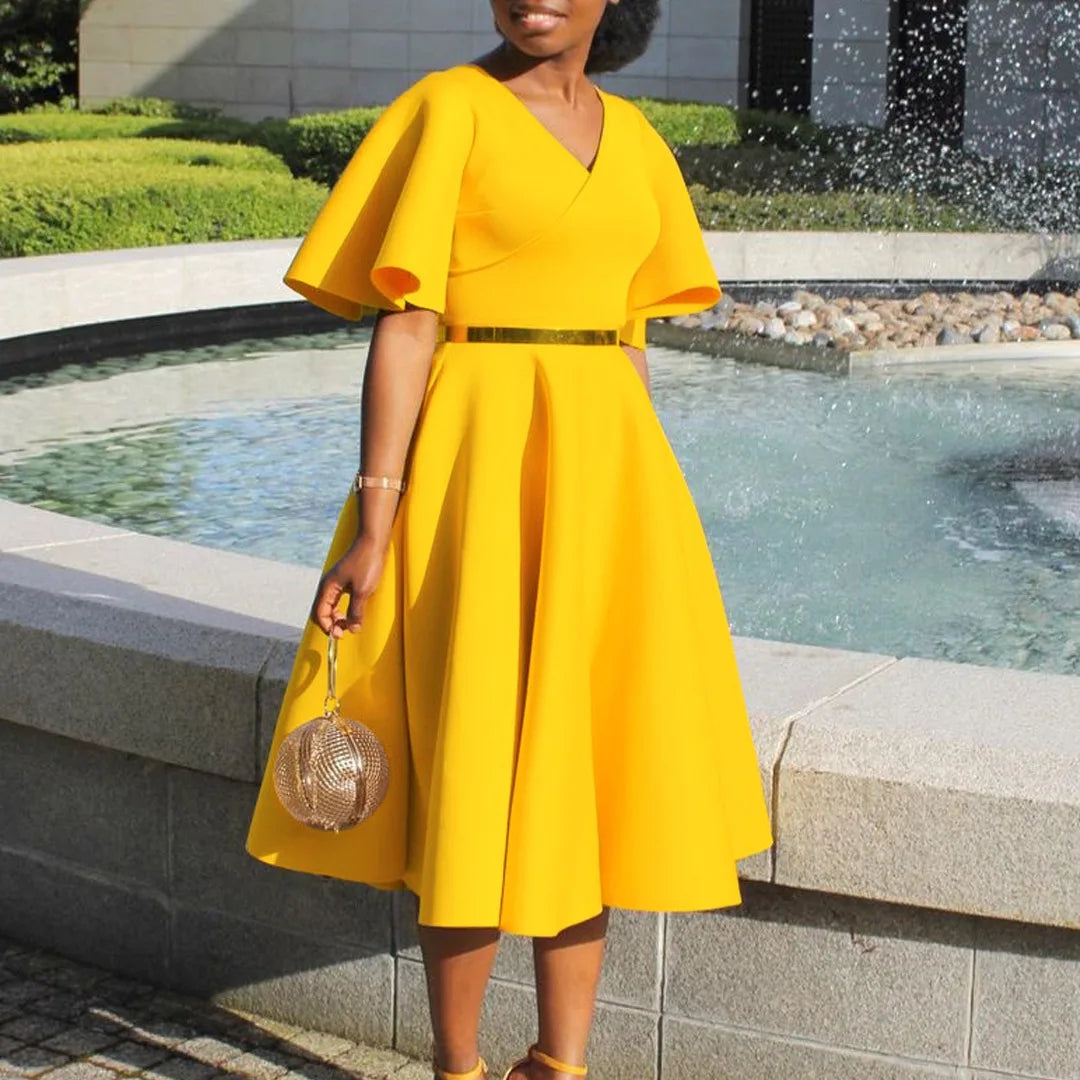 Elegant Party Dresses for Women V Neck Ruffles Sleeve High Waisted Pleated Mid Calf Luxury Birthday Dinner Vestidos Mujer Dress