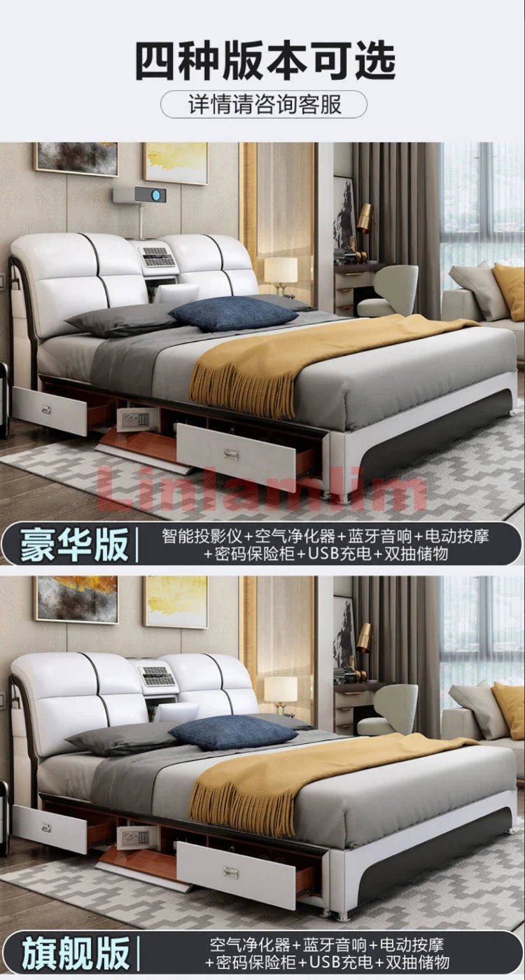 Linlamlim Tech-Smart Multifunctional Bed Genuine Leather Ultimate Camas Tatami Lit with Massage, Projector, Air Purifier,Speaker