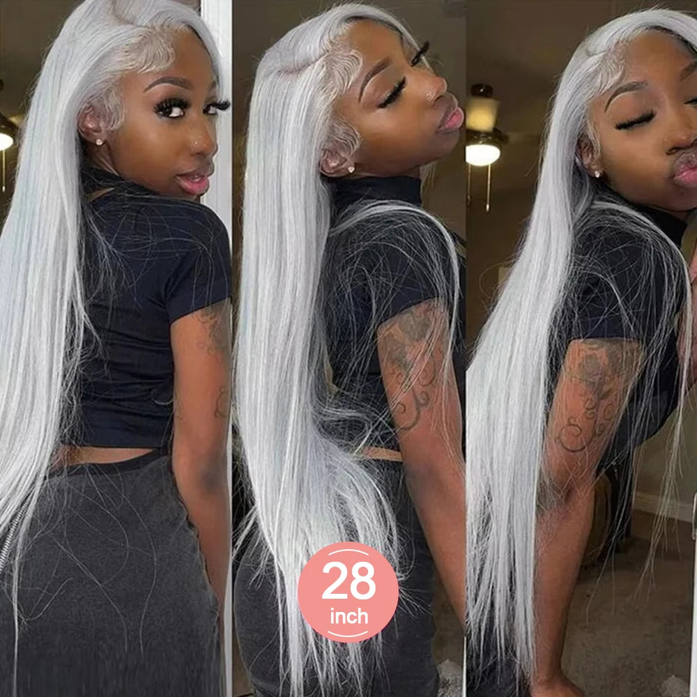 Silver Grey Straight Lace Front Human Hair Wig 40 Inches Colored HD Transparent 13x6 Lace Frontal Wig for Women Preplucked 250%