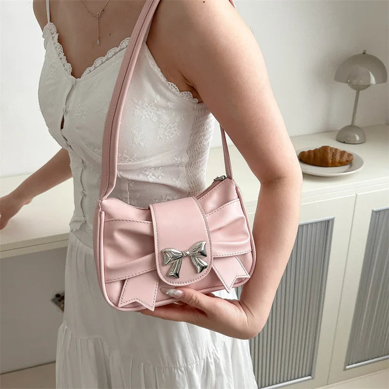 Sweet Bow Small Underarm Bag for Women Fashion PU Leather Ladies Portable Shoulder Bags Solid Color Female Clutch Handbags