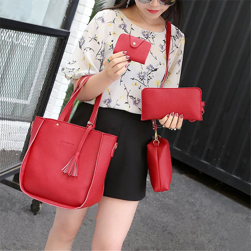 4pcs/set Tassel Bucket Women's Handbag Stylish Crossbody Bag Clutch and Wallet, Solid Color PU Shoulder Bags for Women Daily Use