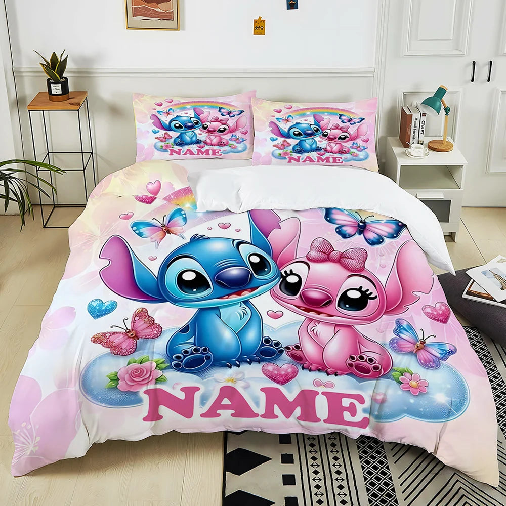 Custom Name Stitch Cartoon Printed Bedding Set Cartoon Anime Duvet Cover Comforter Pillowcase Boys Girls Children Adults King