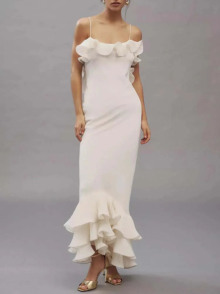 Temperament High Waist Sleeveless Banquet Dress Sexy Suspender Hollow Out Evening Dress Elegant Pure Color Ruffle Wrap Hip Dress