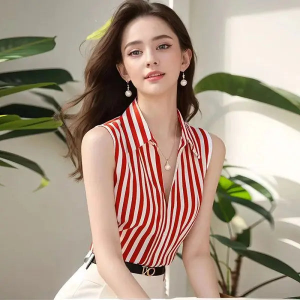 British Polo Collar Sleeveless Chiffon Blouse Red Striped Temperament Women V-neck Elegant Shirts Slim Fit Summer Niche Clothes