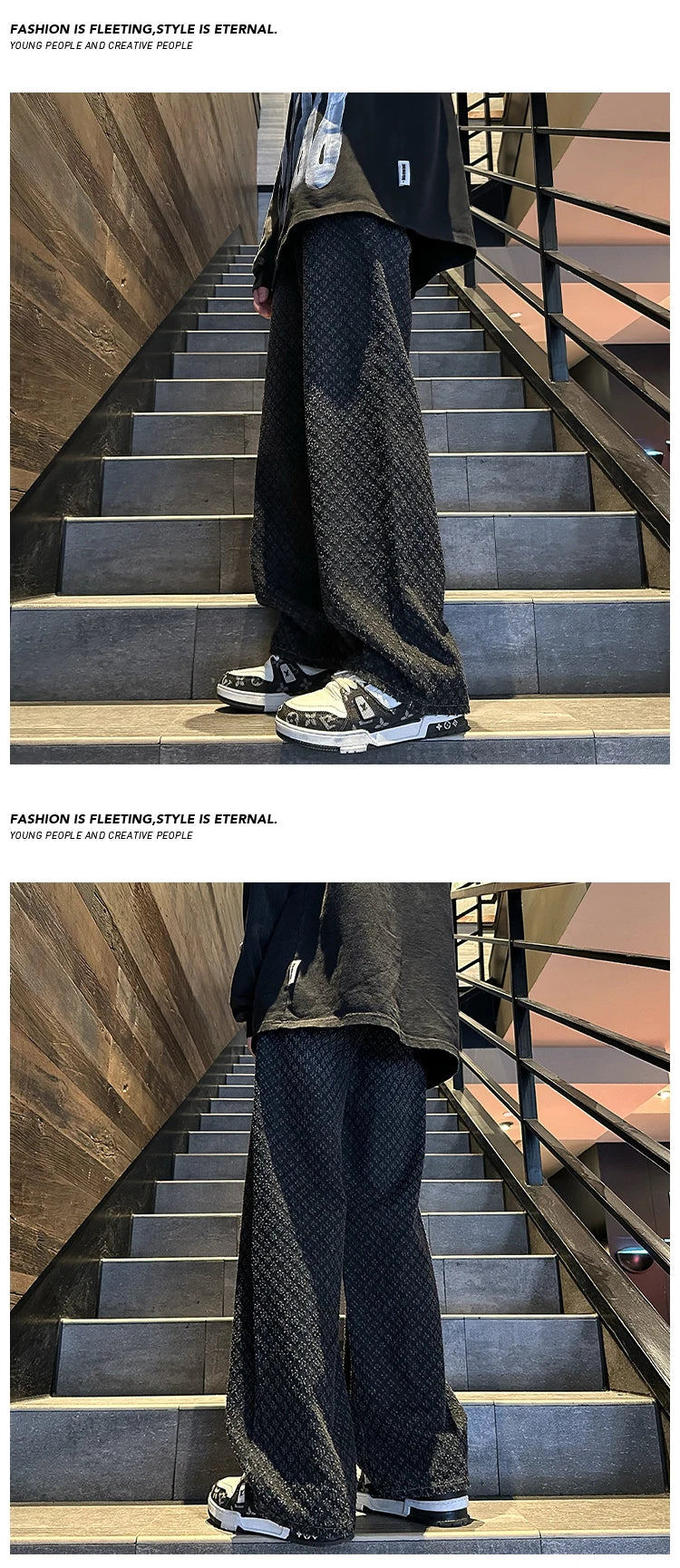 Jeans men Fashion hombre Jacquard Pattern Denim Pants Male Straight Fitting Baggy Bottoms Distressed Wide Jeans For Men