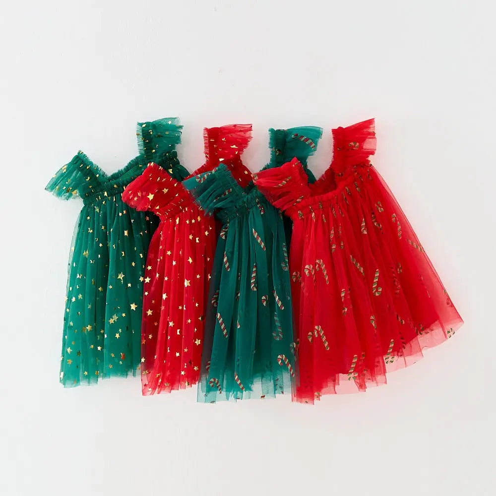 Christmas 2025 Girls Cute Fly Sleeve Star Printed Mesh Puffy Dress Halloween Children Party Photograph Princess Dress 1-6T