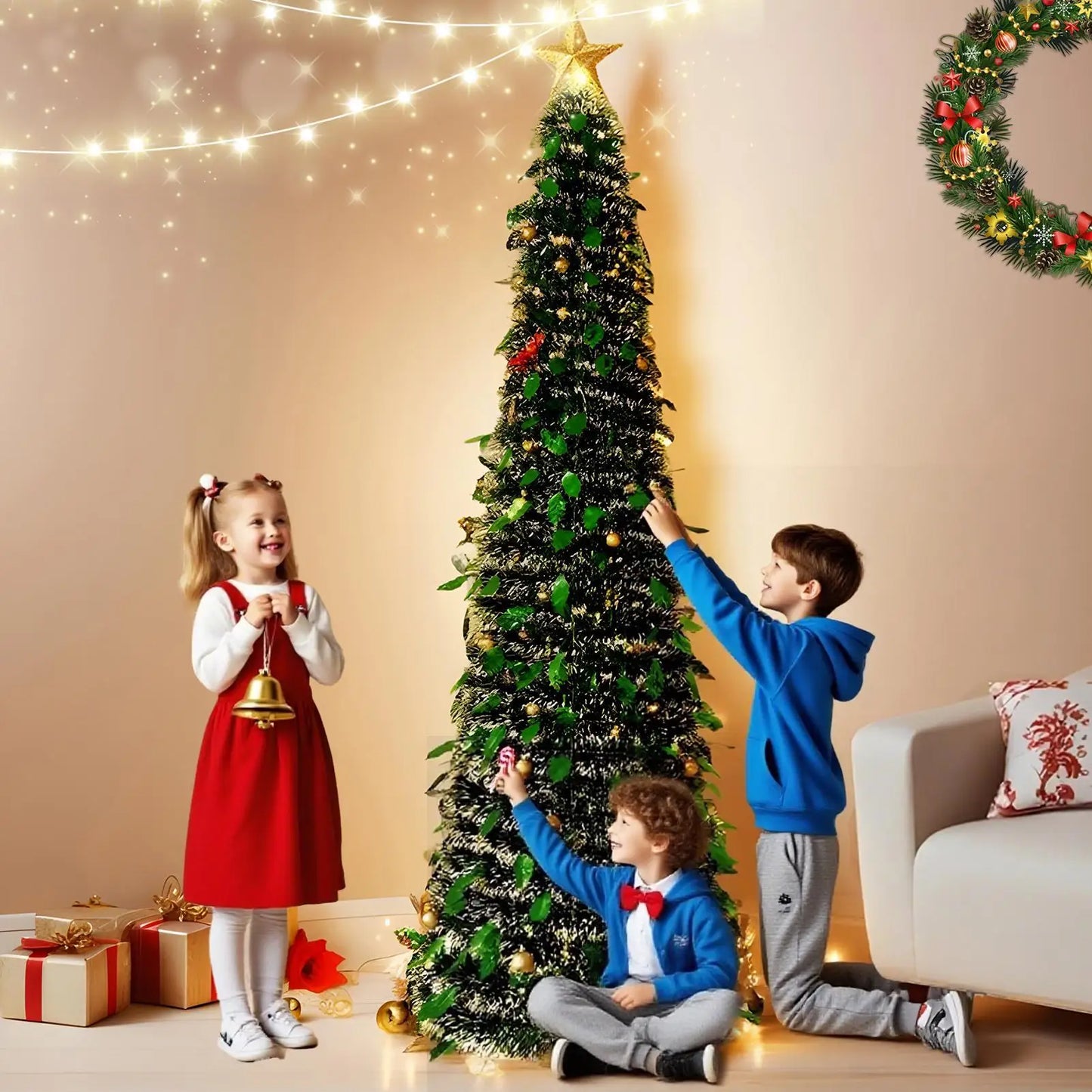 Christmas Tree 5 Ft Festival Ornament Faux Foldable Christmas Tree Christmas Decoration for Winter Holiday Season Decor Indoor