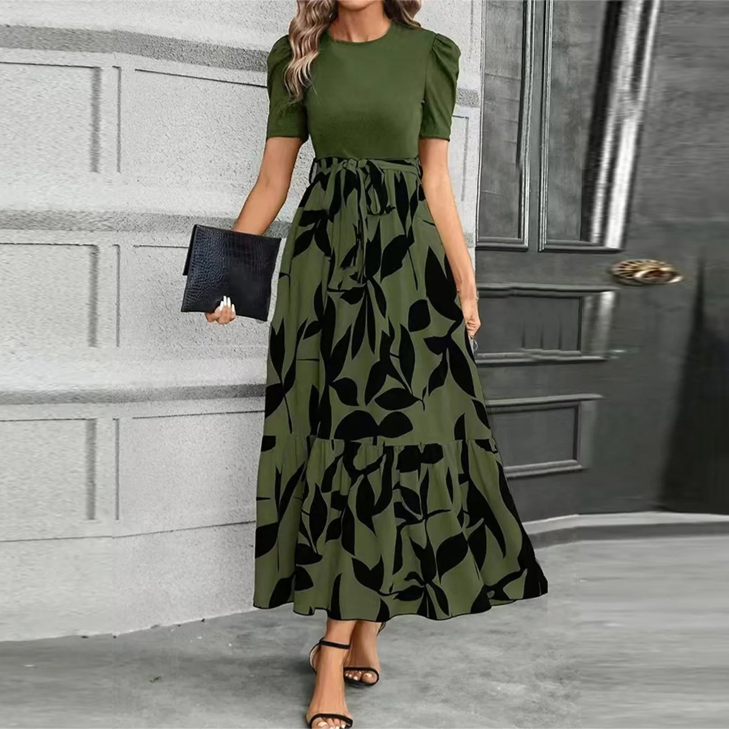 Dresses Elegant Office Lady Outfits A-line Lace-up Slim Fit Waist Ruffle Hem Skirt Women Dress Summer vestidos de mujer casuales