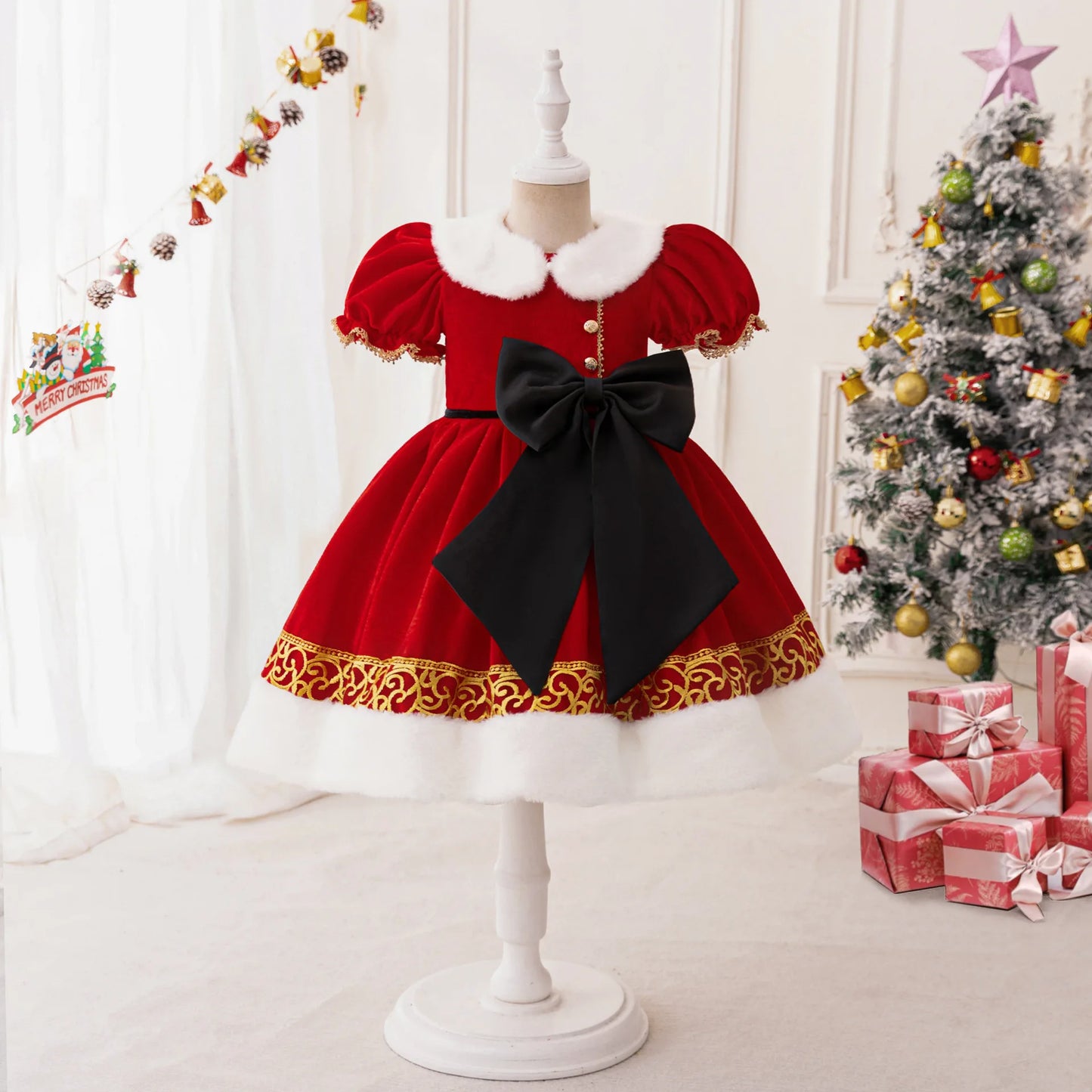 Christmas Dresses Girl Cartoon Print Princess Dress Children Red and Green Sequined Mesh Puff BalL Gown Carnival Clothes