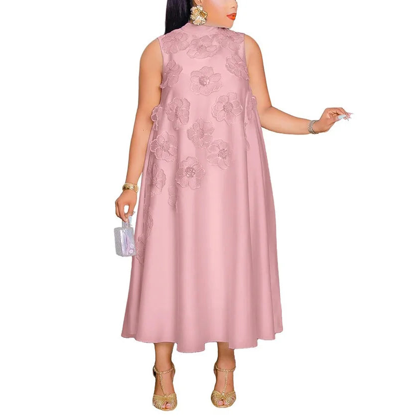 Elegant Dresses for Woman 2025 New O Neck Sleeveless Floral Decorate Straight Ankle Length Fashion Ladies Birthday Party Dress