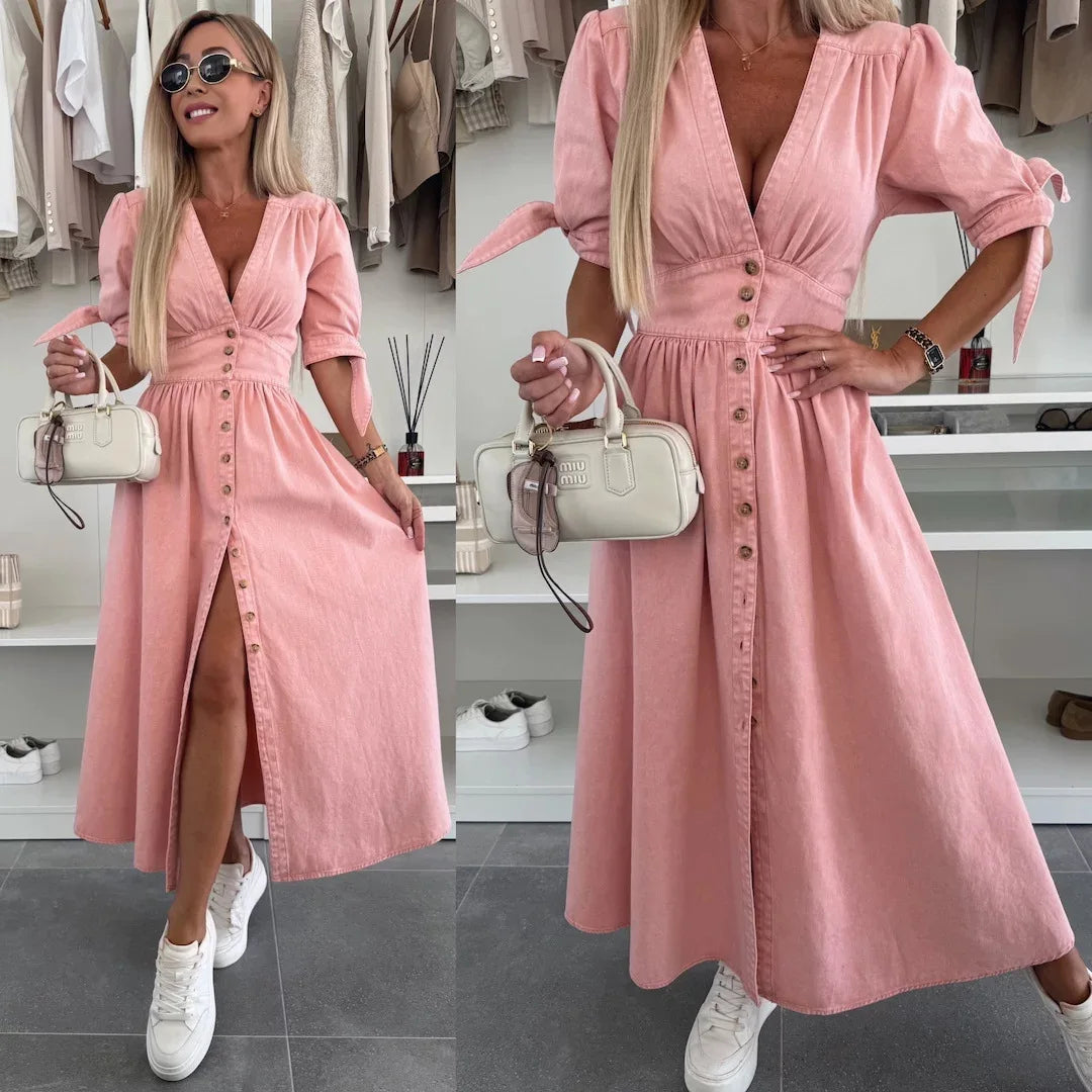 Long Dresses for Women Sexy Denim Dress V Neck Single Breasted Lace Up Distressed Vintage A Line Streetwear Female 2025 Vestidos