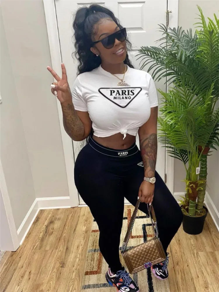 HLJ Fashion Streetwear Women Letter Print Short Sleeve Top And Skinny Pants Two Piece Sets Casual Matching 2pcs Outfits 2023 New