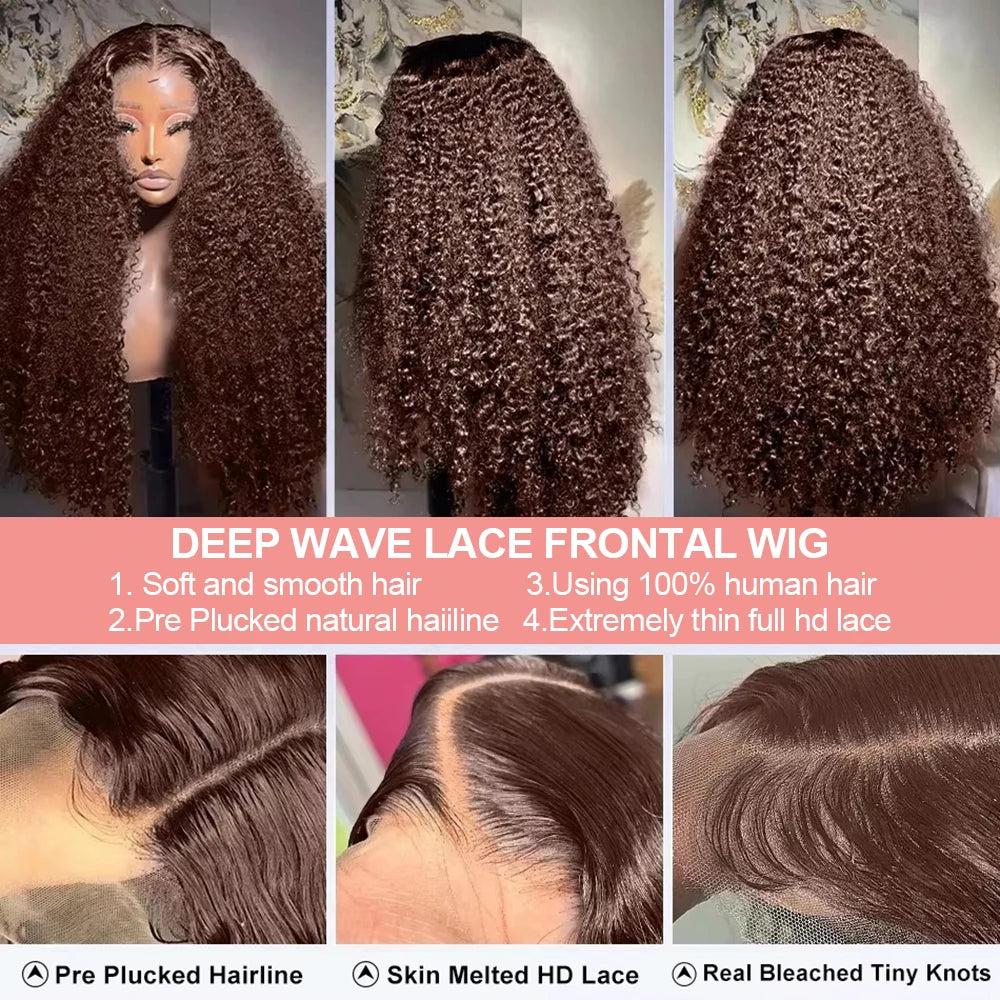 Deep Curly Human hair Wigs Chocolate Brown 13x4 13x6 Hd Lace Frontal Wig Colored Water Wave Lace Front Wig For Women 30 36 Inch