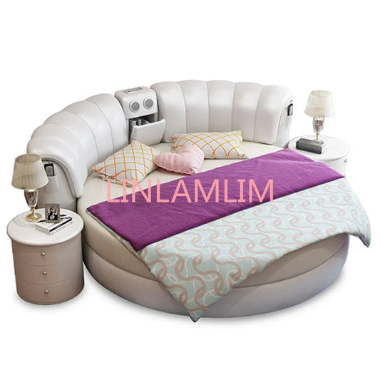 Smart bed frame camas bedroom set furniture кровать двуспальная lit beds round massage  genuine leather bed  + 2 night stands