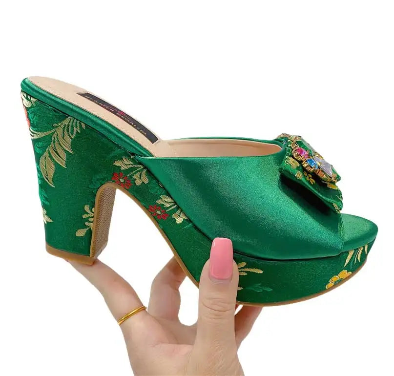 Summer Sandals 2023 Newest Pattern Embroidery Pattern Design Green Rhinestone Decoration High Heels Women Party Shoes Bag Set